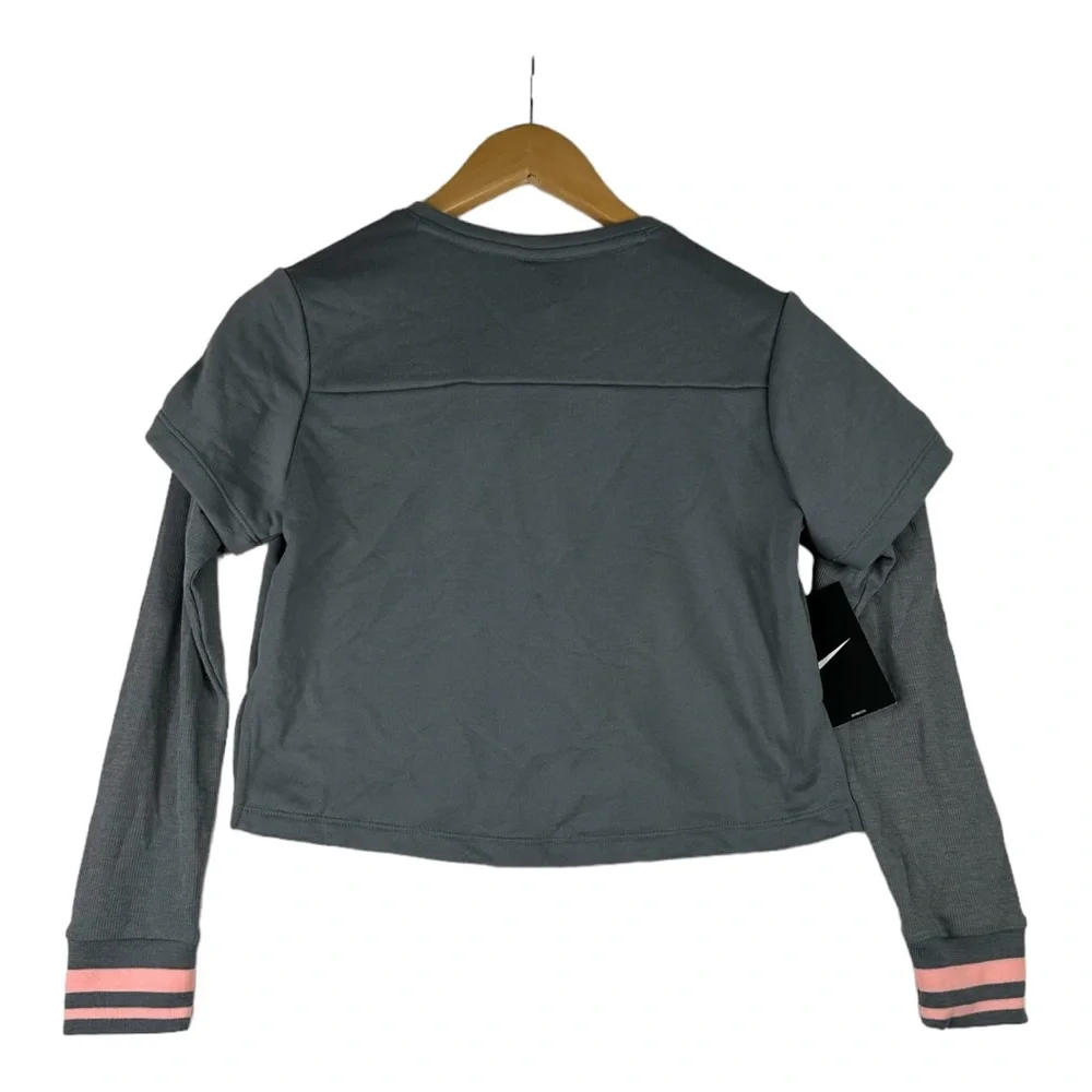 Girls‎ Nike Dri Fit Long Sleeve 2-in-1 Gray Pink Crop Training Shirt Studio